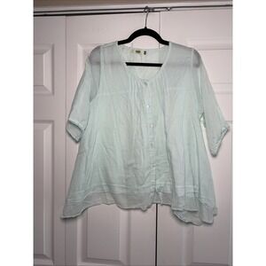 Dolma Boho Pintuck Blouse Womens Size M Mint Green Cotton Gauze Button Up Top